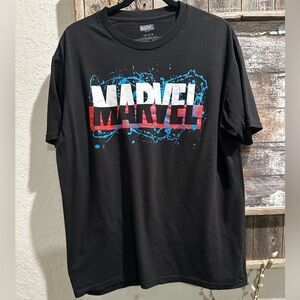 Marvel Comics T-shirt Size Large ; Blue & pink Splattered Classic Logo